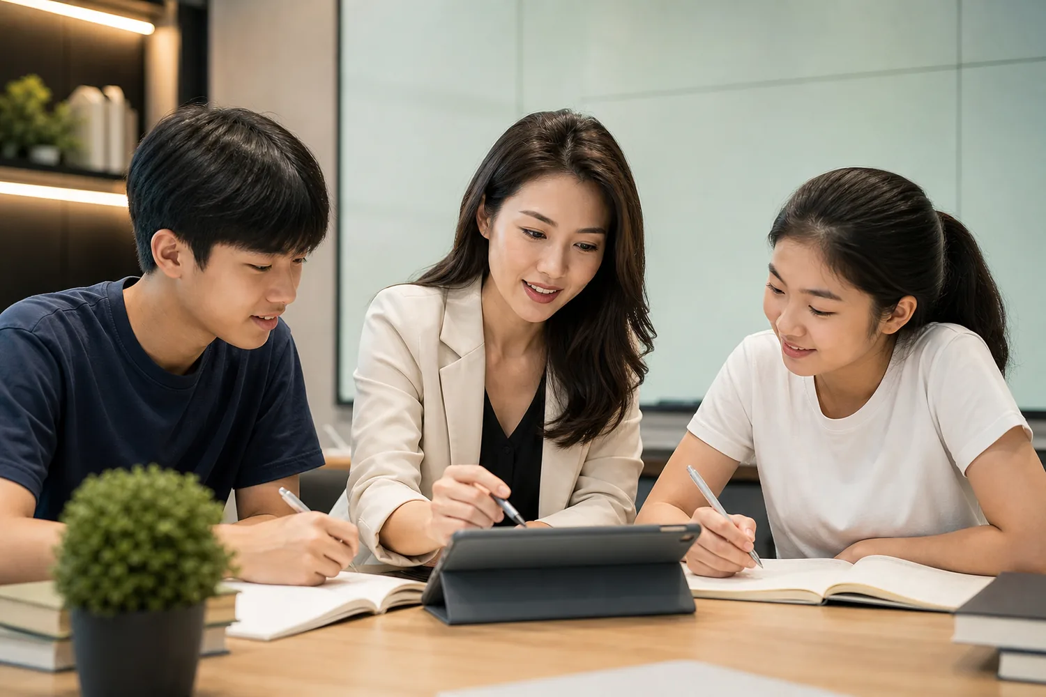 Teacher mentoring secondary students in a premium classroom